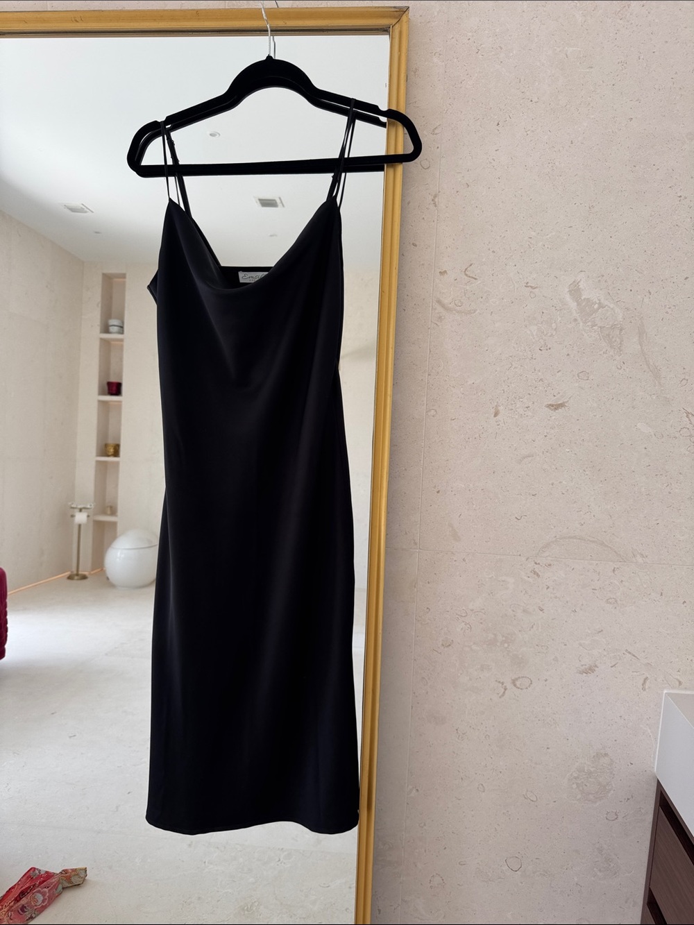 100% Mulberry Silk Sleek Black Midi Slip Dress